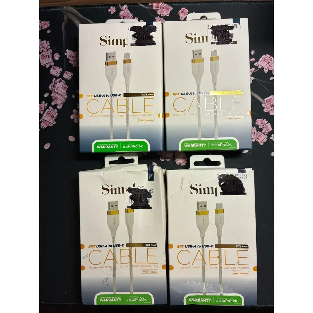 S. Simple 6ft USB-A to USB-C Tough-Knit Braided Cable White/Gold Lot of 4 NEW OB